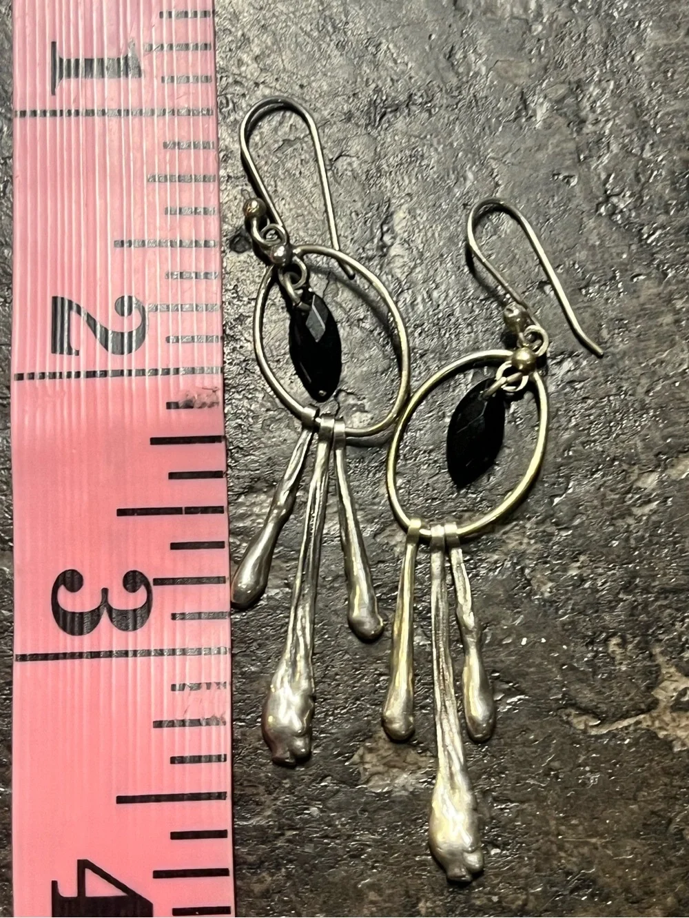 Handcrafted Sterling silver black gemstone dangle earrings silver stick fringe
